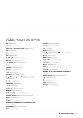 Devices, Products and Services
AOL - www.aol.com                                       Rummble - www.rummble.com
Animoto - www.animoto.com                               RuneScape - www.runescape.com
Apple (iPad, iPhone, iPod, iTunes) - www.apple.com      Sky+ - www.sky.com
BBC - www.bbc.co.uk                                     Skype - www.skype.com
Bebo - www.bebo.com                                     Sony Playstation and Sony PSP - www.playstation.com
Bing - www.bing.com                                     Spotify - www.spotify.com

BlackBerry® - www.blackberry.com                        Stardoll - www.stardoll.com

Bluetooth - www.bluetooth.com                           Togetherville - www.togetherville.com

Club Penguin - www.clubpenguin.com                      Truphone - www.truphone.com

Dynavox - www.dynavoxtech.com                           Twitter - www.twitter.com

Facebook® - www.facebook.com                            Vodafone - www.vodafone.com

Farmville - www.farmville.com                           Wikipedia - www.wikipedia.org
                                                        Windows Live (including Messenger and Hotmail) -
Flickr - www.flickr.com
                                                        www.live.com
Foursquare - www.foursquare.com
                                                        World of Warcraft - www.worldofwarcraft.com
Google™ (including Search, Gmail, Maps and Earth) -
                                                        Xanga - www.xanga.com
www.google.com
                                                        Xbox - www.xbox.com
Gowalla - www.gowalla.com
                                                        Yahoo! - www.yahoo.com
Habbo Hotel - www.habbo.com
                                                        YouTube™ - www.youtube.com
Last.fm - www.last.fm
LiveJournal - www.livejournal.com
Metacafe - www.metacafe.com
Moshi Monsters - www.moshimonsters.com
Microsoft® Windows - www.microsoft.com/windows
Miniclip - www.miniclip.com
MySpace - www.myspace.com
Nintendo (including Nintendo® DS and Nintendo® Wii) -
www.nintendo.com
Photobucket - www.photobucket.com
Piczo - www.piczo.com


                                                                                         www.vodafone.com/parents   99
 
