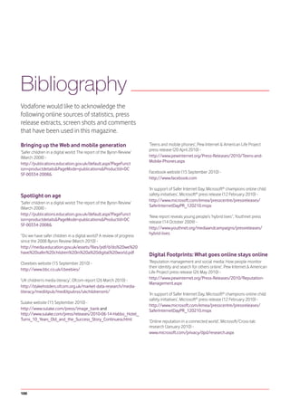 Bibliography
Vodafone would like to acknowledge the
following online sources of statistics, press
release extracts, screen shots and comments
that have been used in this magazine.

Bringing up the Web and mobile generation                              ‘Teens and mobile phones’, Pew Internet & American Life Project
                                                                       press release (20 April 2010) -
‘Safer children in a digital world: The report of the Byron Review’
(March 2008) -                                                         http://www.pewinternet.org/Press-Releases/2010/Teens-and-
                                                                       Mobile-Phones.aspx
http://publications.education.gov.uk/default.aspx?PageFunct
ion=productdetails&PageMode=publications&ProductId=DC
SF-00334-2008&                                                         Facebook website (15 September 2010) -
                                                                       http://www.facebook.com

                                                                       ‘In support of Safer Internet Day, Microsoft® champions online child
Spotlight on age                                                       safety initiatives’, Microsoft® press release (12 February 2010) -
                                                                       http://www.microsoft.com/emea/presscentre/pressreleases/
‘Safer children in a digital world: The report of the Byron Review’
                                                                       SaferInternetDayPR_120210.mspx
(March 2008) -
http://publications.education.gov.uk/default.aspx?PageFunct
                                                                       ‘New report reveals young people’s ‘hybrid lives’’, Youthnet press
ion=productdetails&PageMode=publications&ProductId=DC
                                                                       release (14 October 2009) -
SF-00334-2008&
                                                                       http://www.youthnet.org/mediaandcampaigns/pressreleases/
                                                                       hybrid-lives
‘‘Do we have safer children in a digital world? A review of progress
since the 2008 Byron Review (March 2010) -
http://media.education.gov.uk/assets/files/pdf/d/do%20we%20
have%20safer%20children%20in%20a%20digital%20world.pdf
                                                                       Digital Footprints: What goes online stays online
Cbeebies website (15 September 2010) -                                 ‘Reputation management and social media: How people monitor
                                                                       their identity and search for others online’, Pew Internet & American
http://www.bbc.co.uk/cbeebies/
                                                                       Life Project press release (26 May 2010) -
‘UK children’s media literacy’, Ofcom report (26 March 2010) -         http://www.pewinternet.org/Press-Releases/2010/Reputation-
                                                                       Management.aspx
http://stakeholders.ofcom.org.uk/market-data-research/media-
literacy/medlitpub/medlitpubrss/ukchildrensml/
                                                                       ‘In support of Safer Internet Day, Microsoft® champions online child
                                                                       safety initiatives’, Microsoft® press release (12 February 2010) -
Sulake website (15 September 2010) -
                                                                       http://www.microsoft.com/emea/presscentre/pressreleases/
http://www.sulake.com/press/image_bank and                             SaferInternetDayPR_120210.mspx
http://www.sulake.com/press/releases/2010-06-14-Habbo_Hotel_
Turns_10_Years_Old_and_the_Success_Story_Continuesx.html               ‘Online reputation in a connected world’, Microsoft/Cross-tab
                                                                       research (January 2010) -
                                                                       www.microsoft.com/privacy/dpd/research.aspx




100
 