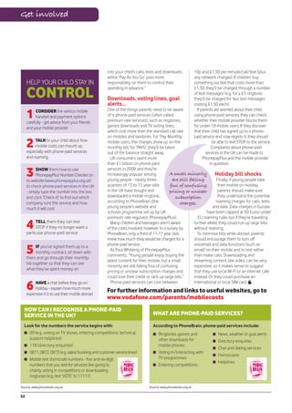 Get involved




                                                  into your child’s calls, texts and downloads,            10p and £1.50 per minute/call/text (plus
                                                  whilst ‘Pay As You Go’ puts more                         any network charges). If children buy
     HELP YOUR CHILD STAY IN                      responsibility on them to control their                  something via text that costs more than

     CONTROL
                                                  spending in advance.”                                    £1.50, they’ll be charged through a number
                                                                                                           of text messages (e.g. for a £3 ringtone,
                                                  Downloads, voting lines, goal                            they’ll be charged for two text messages
                                                  alerts...                                                costing £1.50 each).

     1    CONSIDER the various mobile             One of the things parents need to be aware                 If parents are worried about their child
          handset and payment options             of is phone-paid services (often called                  using phone-paid services, they can check
     carefully - get advice from your friends     premium rate services), such as ringtones,               whether their mobile provider blocks them
     and your mobile provider                     games downloads and TV voting lines,                     for under-18 mobile users. If they discover
                                                  which cost more than the standard call rate              that their child has signed up to a phone-
                                                  on mobiles and landlines. For ‘Pay Monthly’              paid service and now regrets it, they should

     2    TALK to your child about how
          mobile costs can mount up,
     especially with phone-paid services
                                                  mobile users, the charges show up on the
                                                  monthly bill; for ‘PAYG’, they’ll be taken
                                                                                                                       be able to text STOP to the service.
                                                                                                                      Complaints about phone-paid
                                                  out of the balance straight away.                                services in the UK can be made to
     and roaming                                    UK consumers spent more                                      PhonepayPlus and the mobile provider
                                                  than £1 billion on phone-paid                                      in question.

     3     SHOW them how to use
           PhonepayPlus’ Number Checker on
     its website (www.phonepayplus.org.uk)
                                                  services in 2008 and they’re
                                                  increasingly popular among
                                                  young people - nearly three-
                                                                                          A small minority
                                                                                           are still falling
                                                                                                                    Holiday bill shocks
                                                                                                                     Finally, if young people take
     to check phone-paid services in the UK       quarters of 13 to 15 year olds          foul of confusing           their mobile on holiday,
     - simply type the number into the box        in the UK have bought and               pricing or unclear          parents should make sure
     and click ‘Check it!’ to find out which      downloaded a mobile ringtone,              subscription             they understand the potential
     company runs the service and how             according to PhoneBrain (the                 charges.              roaming charges for calls, texts
     much it will cost                            young people’s website and                                      and data. Data charges in Europe
                                                  schools programme set up by UK                               have been capped at 50 Euros under
                                                  premium rate regulator, PhonepayPlus).                  EU roaming rules but if they’re travelling

     4     TELL them they can text
           STOP if they no longer want a
     particular phone-paid service
                                                    Many children and teenagers aren’t aware
                                                  of the costs involved, however. In a survey by
                                                  PhoneBrain, only a third of 11-17 year olds
                                                                                                       further afield, they could run up large bills
                                                                                                       without realising.
                                                                                                         To minimise bills while abroad, parents
                                                  knew how much they would be charged for a            should encourage them to turn off

     5      IF you’ve signed them up to a         phone-paid service.                                  voicemail and data functions (such as
                                                    As Paul Whiteing of PhonepayPlus                   email) on their mobile and to text rather
            monthly contract, sit down with
                                                  comments, “Young people enjoy buying the             than make calls. Downloading and
     them and go through their monthly
                                                  latest content for their mobile, but a small         streaming content, like video, can be very
     bill together so that they can see
                                                  minority are still falling foul of confusing         expensive, so it makes sense to suggest
     what they’ve spent money on
                                                  pricing or unclear subscription charges and          that they use local Wi-Fi or an internet cafe
                                                  could lose their credit or rack up large bills.”     instead. Or they could purchase an

     6    HAVE a chat before they go on
          holiday - explain how much more
     expensive it is to use their mobile abroad
                                                    Phone-paid services can cost between               international or local SIM card.
                                                  For further information and links to useful websites, go to
                                                  www.vodafone.com/parents/mobilecosts
  HOW CAN I RECOGNISE A PHONE-PAID
  SERVICE IN THE UK?                                                         WHAT ARE PHONE-PAID SERVICES?

  Look for the numbers the service begins with:                              According to PhoneBrain, phone-paid services include:
    09 (e.g. voting on TV shows, entering competitions, technical                Ringtones, games and                     News, weather or goal alerts
    support helplines)                                                           other downloads for                      Directory enquiries
    118 (directory enquiries)                                                    mobile phones
                                                                                                                          Chat and dating services
    0871, 0872, 0873 (e.g. sales/booking and customer service lines)             Voting in/interacting with
                                                                                                                          Horoscopes
    Mobile text shortcode numbers - five and six-digit                           TV programmes
                                                                                                                          Helplines
    numbers that you text for services like giving to                            Entering competitions
    charity, voting in competitions or downloading
    ringtones (e.g. text ‘VOTE’ to 11111)

Source: www.phonebrain.org.uk                                              Source: www.phonebrain.org.uk

52
 