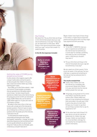 Key findings                                      Maybe children have heard of these things
                                                       We asked, first, “Do you think there are things   in the media, or maybe they’ve heard their
                                                       on the internet that people about your age        parents worrying about them, but they might
                                                       will be bothered by in any way?” If they said     have experienced them personally.
                                                       yes, we asked them to write down, “What
                                                       things on the internet would bother people        We then asked:
                                                       about your age?” and put their answer in a        (i) “In the PAST 12 MONTHS, have you
                                                       sealed envelope.                                      seen or experienced something on
                                                                                                             the internet that has bothered you
                                                       In the UK, the responses included:                    in some way? For example, something
                                                                                                             that made you feel uncomfortable,
                                                                                                             upset, or feel that you shouldn’t
                                                                                                             have seen it.”
                                                           Bully on email.
                                                              Making a                                   (ii) “Do you think there are things on the
                                                            profile that                                      internet that people about your age will
                                                           strangers use.                                     be bothered by in any way?”
                                                                (Girl aged 11)
                                                                                                         We also asked one of their parents, “As far
                                                                                                         as you are aware, in the past year, has your
                                                                                                         child seen or experienced something on
Getting the views of 25,000 young                                                                        the internet that has bothered them in
people across Europe                                                              Racist                 some way?”
In other articles in this magazine, experts offer                         advertisements are
a range of useful advice and tips for parents                             sometimes shown,               The results revealed that:
to help and guide their children. In this piece, I                         which personally                Clearly, many children don’t see
take a closer look at what children say is really                            I think a lot of              the internet as a completely safe
bothering them online.                                                     people would feel               environment. Nearly half of British
  Since 2006, our EU Kids Online network - made                             disgusted by...                9-16 year olds think that the internet
up of around 70 psychologists, sociologists,                                     (Boy aged 16)
                                                                                                           bothers people their own age.
internet specialists and child welfare experts
across Europe - has been researching the                                                                    Intriguingly, young people are four times
experiences children have on the internet. During        People pretending                                  more likely to say that the internet
the spring and summer of 2010, we interviewed            to be other people.                                bothers other children (48%) than
nearly 25,000 children who use the internet -
                                                          Not knowing who                                   they are to say something has bothered
1,000 children aged 9 to 16 years old in each of
25 European countries.
                                                           they are. Seeing                                 them personally in the past year (12%).
  We talked to them face to face, in their own
                                                         people being hurt.                                 It seems they worry for each other.
                                                                (Girl aged 9)                               Perhaps, too, it’s easier to say there
homes, with a private part of the interview for                                                             are bad things out there than to say ‘it’s
sensitive questions. There isn’t space to report                                                            happened to me?’
all our findings here, so I’ll focus on one set of
questions, from the private part of the interview,                          Abusive sites.                  On the other hand, half of these 9-16
conducted in the UK.                                                          Abusive to                    year olds do not see the internet as
  To avoid biasing the answers we got by                                     humans and                     problematic for children their age.
using anxiety-provoking terms like ‘danger’,                               animals - should                 Younger children are least likely to
‘pornography’, ‘paedophile’ or ‘stranger’, we simply                         be found and                   be concerned. More strikingly, the
asked about experiences that had bothered them                                 blocked.                     vast majority has not experienced a
in some way. By ‘bothered’, we said we meant                                     (Boy aged 14)              problem themselves.
things that “made you feel uncomfortable, upset,
or feel that you shouldn’t have seen it”.


                                                                                                                     www.vodafone.com/parents           55
 