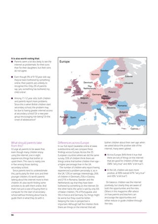 It is also worth noting that:
    Parents seem a bit less likely to see the
    internet as problematic for their sons
    than for their daughters, but their sons
    do not agree.

     Even though 9% of 9-10 year olds say
     they’ve been bothered by something
     online, their parents are unlikely to
     recognise this. Only 2% of parents
     say ‘yes, something has bothered my
     child online’.

     Among 11-12 year olds, both children
     and parents report more problems.
     Since this is when British children start
     secondary school, the problem may
     be due to having greater internet access
     at secondary school? Or a new peer
     group encouraging risk-taking? Or the
     onset of adolescence?




What should parents take                         Differences across Europe                        bother children about their own age, when
from this?                                       In our full report (available online at www.     we asked about the positive side of the
I’d urge all parents to be aware that,           eukidsonline.net), we compare these              internet, many were upbeat.
even though many children enjoy                  findings across Europe. Across the 25
using the internet, one in eight                 European countries where we did the same           Across Europe, 84% think it true that
experiences things that bother or                survey, 55% of children think there are            there are lots of things on the internet
upset them. This rises to nearly one             things online that bother children their age -     that are good for children of their age
in five among those starting                     a higher percentage than in the UK.                (38% “very true” and 46% “a bit true”).
secondary school.                                  The number of children who report having
  Since parents tend to underestimate            experienced a problem personally is, as in         In the UK, children are even more
this, particularly for their sons and their      the UK, 12% on average. Interestingly, 26%         positive, at 90% overall (47% “very true”
younger children, it’s worth parents             of children in Denmark, 25% in Estonia,            and 43% “a bit true”).
talking about the internet more to their         and 21% in Romania, Sweden and the
children. It’s also worth finding some           Netherlands say that they have been                On balance, children see the internet
activities to do with them online. And           bothered by something on the internet. On        positively, but clearly they are aware of
that’s not just a case of buying them a          the other hand, the same is said by only 6%      both the opportunities and the risks.
computer for the start of secondary              of Italian children, 7% of Portuguese, and       Others in this magazine offer advice
school without thinking about how to             5% in France and Germany. So, things might       on how parents and teachers can
guide them in what they do with it.              be worse but they could be better.               encourage the opportunities and
                                                 Keeping the risks in perspective is              either reduce or guide children through
                                                 important. Although half the children think      the risks.
                                                 there are things on the internet that will


56
 