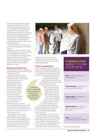 from sending threatening text messages
to posting rude comments on social
networking websites; ignoring someone
in a multi-player game to sending nasty
messages via IM; creating fake online
profiles to teasing someone in a chat room.
Increasingly, they’re upping the ante with
photos and videos. ‘Happy slapping’ -
an awful name for bullies photographing
or videoing their victim while verbally
or physically abusing them - often captures
the media’s attention.
  The growth in social networking sites, in
particular, has given bullies a new place to
hang out.
  Regardless of the forum or device used
by the cyberbully, anonymity is a key driver,
points out Bridget Roberts-Pittman,
assistant professor of counselling at Indiana
State University. “Communication in                   underway shows us that increased
cyberspace... seems more anonymous and                isolation, poor educational attainment
seems to require less responsibility on
the part of the child committing the
                                                      and self-destructive behaviour all readily
                                                      follow cyberbullying.”
                                                                                                             CYBERBULLYING
behaviour,” she says.                                                                                        AMONG 11-18 YEAR
                                                      Victim or perpetrator?
Worrying consequences                                 As well as looking for possible signs that             OLDS IN THE UK
So, how can you tell if your child is being           your child is being cyberbullied, don’t forget
cyberbullied? And what kind of effect could           they could also be a bully. Even if they’ve
it be having on them?                                 never bullied anyone in real life, they might
   “Behaviour change is a part of                     be drawn into cyberbullying because they               61% have witnessed some form
adolescence. However, a significant                                   think they’re anonymous on             of cyberbullying
change could mean a child is dealing                                 the internet or their mobile.
with a serious issue such as                                       They might not realise that using
cyberbullying,” explains                                         technology to tease, embarrass and
Roberts-Pittman. “Parents                                     spread rumours is just as bad
should be aware of signs                                             as bullying in the real world.          Seven out of ten knew the person
such as anxiety, depression,                 What was                  “Some children do things in           who was cyberbullying them
their child not wanting to             once a note passed               the digital world that they
attend school or making                 among pupils in                  wouldn’t dream of doing
a drastic decision such as                 a classroom is                 face-to-face,” says Annie
quitting a sports team.”                   now posted on                  Mullins OBE of Vodafone.
   Parents who were bullied               the internet for                “They might deliberately           Almost a third of cyberbullying
as children will know that                    all to see.                upset a friend, a stranger, or      incidents began offline
any kind of bullying can be                                             even one of their teachers
extremely traumatic.                                                 by putting a nasty comment
Cyberbullying can undermine a                                     on a social networking site or
young person’s confidence and sense of                      videoing them on their mobile and
security and affect their attendance and                                                                     Nearly a quarter have been sent a
                                                      posting it online without their permission.
performance at school. In the most serious            Or they might forward on a bullying                    video clip or image of someone
cases, they can feel that their life isn’t            email or text without thinking about                   being bullied
worth living any more.                                the consequences.”
   “We know the consequences of                         It’s a slippery slope. Your child’s friends
cyberbullying are just as traumatic                   could pressure them into participating in
as those of face-to-face bullying,” says              group bullying without them even realising             Girls are most likely to be
Emma-Jane Cross of Beatbullying. “In the              they’re doing anything wrong. A joke or a              cyberbullied, as well as to cyberbully
past year alone, we’ve witnessed tragic               nasty comment on Facebook®, a private
suicides resulting from relentless online             photo forwarded on, laughing as their friends
hate campaigns. Suicide is an extreme                 tease a younger child and film them on
manifestation but research already                    their mobile - they’ve become a cyberbully.         Source: Beatbullying, November 2009.


                                                                                                                       www.vodafone.com/parents       65
 