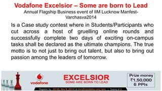 Vodafone Excelsior – Some are born to Lead 
Annual Flagship Business event of IIM Lucknow Manfest- 
Varchasva2014 
Is a Case study contest where in Students/Participants who 
cut across a host of gruelling online rounds and 
successfully complete two days of exciting on-campus 
tasks shall be declared as the ultimate champions. The true 
motto is to not just to bring out talent, but also to bring out 
passion among the leaders of tomorrow. 
“A leader is one who knows the way, goes the way, and shows the way“ 
-John C. 
Maxwell 
 