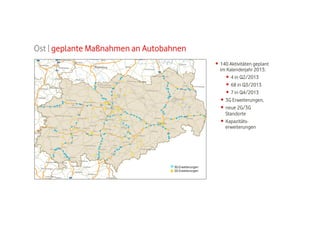 Ost | geplante Maßnahmen an Autobahnen
•  140 Aktivitäten geplant
im Kalenderjahr 2013:
•  4 in Q2/2013
•  68 in Q3/2013
•  7 in Q4/2013
•  3G Erweiterungen,
•  neue 2G/3G
Standorte
•  Kapazitätserweiterungen

3G Erweiterungen
2G Erweiterungen

 