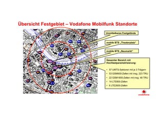 Übersicht Festgebiet – Vodafone Mobilfunk Standorte
Unmittelbares Festgelände

mobile BTS „Theaterplatz“

mobile BTS „Neumarkt“

Gesamter Bereich mit
Hochlastparametrisierung:

1W6

1W7

•  57 UMTS-Sektoren mit je 3 Trägern
•  53 GSM900-Zellen mit insg. 223 TRU
•  22 GSM1800-Zellen mit insg. 48 TRU
•  14 LTE800-Zellen
•  6 LTE2600-Zellen

 