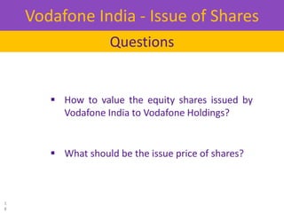  How to value the equity shares issued by
Vodafone India to Vodafone Holdings?
 What should be the issue price of shares...