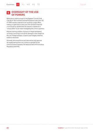 OVERSIGHT OF THE USE
OF POWERS
Applications made pursuant to the Egyptian Criminal Code
(Law 58 of 1937) and the Criminal Procedures Code (Law 150
of 1950) requires a warrant to be issued by a judge. When
making an application to the court, the standard is that the
court should be satisfied that the warrant is needed for a
“serious effort” to be made investigating the crime in question.
Anyone claiming violation of privacy or illegal wiretapping
can bring a can bring a civil suit for damages or file charges for
the use of illegal wiretaps, or seek to have illegally obtained
evidence dismissed.
Generally, the armed forces and national security agencies
are largely exempt from any control or oversight by the
communications regulator, the National Telecommunications
Regulatory Authority.
4.
F-J K-O P-S T-Z EgyptA-ECountries
22 Vodafone I Law enforcement disclosure: legal annexe
 