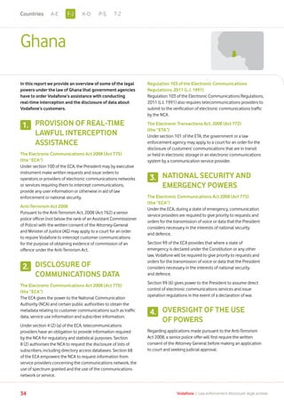 Ghana
In this report we provide an overview of some of the legal
powers under the law of Ghana that government agencies
have to order Vodafone’s assistance with conducting
real-time interception and the disclosure of data about
Vodafone’s customers.
PROVISION OF REAL-TIME
LAWFUL INTERCEPTION
ASSISTANCE
The Electronic Communications Act 2008 (Act 775)
(the “ECA”)
Under section 100 of the ECA, the President may by executive
instrument make written requests and issue orders to
operators or providers of electronic communications networks
or services requiring them to intercept communications,
provide any user information or otherwise in aid of law
enforcement or national security.
Anti-Terrorism Act 2008
Pursuant to the Anti-Terrorism Act, 2008 (Act 762) a senior
police officer (not below the rank of an Assistant Commissioner
of Police) with the written consent of the Attorney-General
and Minister of Justice (AG) may apply to a court for an order
to require Vodafone to intercept customer communications
for the purpose of obtaining evidence of commission of an
offence under the Anti-Terrorism Act.
DISCLOSURE OF
COMMUNICATIONS DATA
The Electronic Communications Act 2008 (Act 775)
(the “ECA”)
The ECA gives the power to the National Communication
Authority (NCA) and certain public authorities to obtain the
metadata relating to customer communications such as traffic
data, service use information and subscriber information.
Under section 4 (2) (a) of the ECA, telecommunications
providers have an obligation to provide information required
by the NCA for regulatory and statistical purposes. Section
8 (2) authorises the NCA to request the disclosure of lists of
subscribers, including directory access databases. Section 68
of the ECA empowers the NCA to request information from
service providers concerning the communications network, the
use of spectrum granted and the use of the communications
network or service.
Regulation 103 of the Electronic Communications
Regulations, 2011 (L.I. 1991)
Regulation 103 of the Electronic Communications Regulations,
2011 (L.I. 1991) also requires telecommunications providers to
submit to the verification of electronic communications traffic
by the NCA.
The Electronic Transactions Act, 2008 (Act 772)
(the “ETA”)
Under section 101 of the ETA, the government or a law
enforcement agency may apply to a court for an order for the
disclosure of customers’ communications that are in transit
or held in electronic storage in an electronic communications
system by a communication service provider.
NATIONAL SECURITY AND
EMERGENCY POWERS
The Electronic Communications Act 2008 (Act 775)
(the “ECA”)
Under the ECA, during a state of emergency, communication
service providers are required to give priority to requests and
orders for the transmission of voice or data that the President
considers necessary in the interests of national security
and defence.
Section 99 of the ECA provides that where a state of
emergency is declared under the Constitution or any other
law, Vodafone will be required to give priority to requests and
orders for the transmission of voice or data that the President
considers necessary in the interests of national security
and defence.
Section 99 (6) gives power to the President to assume direct
control of electronic communications services and issue
operation regulations in the event of a declaration of war.
OVERSIGHT OF THE USE
OF POWERS
Regarding applications made pursuant to the Anti-Terrorism
Act 2008, a senior police offer will first require the written
consent of the Attorney General before making an application
to court and seeking judicial approval.
1.
2.
3.
4.
34 Vodafone I Law enforcement disclosure: legal annexe
F-JA-E K-O P-S T-ZCountries
 