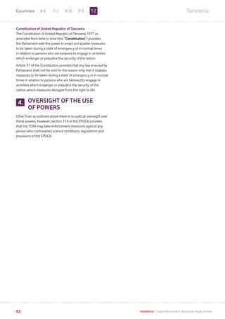 TanzaniaA-E F-J K-O P-S
82 Vodafone I Law enforcement disclosure: legal annexe
Constitution of United Republic of Tanzania
The Constitution of United Republic of Tanzania 1977 as
amended from time to time (the “Constitution”) provides
the Parliament with the power to enact and enable measures
to be taken during a state of emergency or in normal times
in relation to persons who are believed to engage in activities
which endanger or prejudice the security of the nation.
Article 31 of the Constitution provides that any law enacted by
Parliament shall not be void for the reason only that it enables
measures to be taken during a state of emergency or in normal
times in relation to persons who are believed to engage in
activities which endanger or prejudice the security of the
nation, which measures derogate from the right to life.
OVERSIGHT OF THE USE
OF POWERS
Other than as outlined above there is no judicial oversight over
these powers. However, section 114 of the EPOCA provides
that the TCRA may take enforcement measures against any
person who contravenes licence conditions, regulations and
provisions of the EPOCA.
4.
T-ZCountries
 