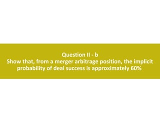 Question II - b
Show that, from a merger arbitrage position, the implicit
   probability of deal success is approximately 60%
 