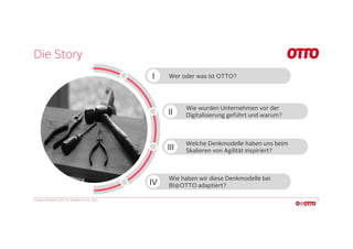 Die Story
Conny Dethloff (OTTO GmbH & CO. KG) 3
Wer oder was ist OTTO?
Wie wurden Unternehmen vor der
Digitalisierung geführt und warum?
Wie haben wir diese Denkmodelle bei
BI@OTTO adaptiert?
Welche Denkmodelle haben uns beim
Skalieren von Agilität inspiriert?
I
II
IV
III
 