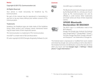 105 106
Notice
Copyright © 2015 TCL Communication Ltd.
All Rights Reserved
Your phone is made exclusively for Vodafone by TCL
Communication.
No part of this manual may be reproduced or transmitted in
any form or by any means without prior written consent of TCL
Communication.
Trademarks
Vodafone, the Vodafone logos are trade marks of the Vodafone
Group. Other product and company names mentioned herein
may be trade marks of their respective owners.
TCL Communication is a trademark of TCL Communication.
microSD™ is a trade mark of SD Card Association.
PC suite copyright © 2010 Chengdu Singularity Software Co.,Ltd.
Licences
microSD Logo is a trademark.
The Bluetooth word mark and logos are owned
by the Bluetooth SIG, Inc. and any use of such
marks by TCL Communication Ltd. and its
affiliates is under license. Other trademarks
and trade names are those of their respective
owners.
VF695 Bluetooth
Declaration ID D023681
The Wi-Fi Logo is a certification mark of the
Wi-Fi Alliance.
Google, the Google logo, Android, the Android
logo, Google SearchTM
, Google MapsTM
, GmailTM
,
YouTube, Google Play Store, Google LatitudeTM
and HangoutsTM
are trademarks of Google Inc.
The Android robot is reproduced or modified from work created
and shared by Google and used according to terms described in
the Creative Commons 3.0 Attribution License (the text will show
when you touch and hold Google legal in Settings  About
phone  Legal information) (1)
.
(1)
This may not be available depending on your country.
 