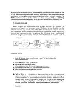 Bearer services and tele-services are also called basic telecommunication services. The use
of GSM telecommunication services is subject to subscription. A basic subscription permits
participation in those GSM telecommunication services that are generally available. If a
GSM subscriber roams out of the entitled area there is no possibility of establishing
communication (roaming not allowed), except the use of the tele-service emergency call.

   1. Bearer Services
    Bearer services are telecommunication services providing the capability of
transmission of signals between access points. The bearer services describe what the
network can offer (e.g. speech, data and fax).The bearer services are pure transport
services for data. Some of the transmission modes and rates already used in modern data
networks are implemented; others are planned. The following, already implemented,
bearer services provide unrestricted information transfer between the reference points in




the mobile stations.


   •   Data CDA (circuit duplex asynchronous) + basic PAD (packet assembler
       Disassembler) access

   •   Data CDS (circuit duplex synchronous)
   •   PAD CDA (dedicated PAD access)
   •   Alternate speech/data CDA (circuit duplex asynchronous)
   •   Speech followed by data CDA (circuit duplex asynchronous)
   •   Data compression on the GSM radio interface


   2. Teleservices           Teleservices are telecommunication services including terminal
       equipment functions, which provide communication between users according to
       protocols established by agreement between network operators. The teleservices are
       user end-to-end services (e.g. emergency call and short message service).Tele-services
       use both low layer and high layer functions for the control of communication from
       terminal to terminal. The following tele-services have already been realized:

   •   Telephony
 