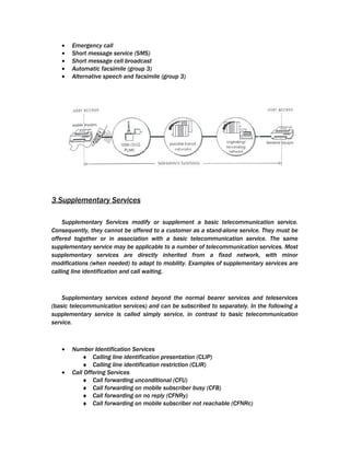 •   Emergency call
   •   Short message service (SMS)
   •   Short message cell broadcast
   •   Automatic facsimile (group 3)
   •   Alternative speech and facsimile (group 3)




3.Supplementary Services

     Supplementary Services modify or supplement a basic telecommunication service.
Consequently, they cannot be offered to a customer as a stand-alone service. They must be
offered together or in association with a basic telecommunication service. The same
supplementary service may be applicable to a number of telecommunication services. Most
supplementary services are directly inherited from a fixed network, with minor
modifications (when needed) to adapt to mobility. Examples of supplementary services are
calling line identification and call waiting.



    Supplementary services extend beyond the normal bearer services and teleservices
(basic telecommunication services) and can be subscribed to separately. In the following a
supplementary service is called simply service, in contrast to basic telecommunication
service.



   •   Number Identification Services
           ♦ Calling line identification presentation (CLIP)
           ♦ Calling line identification restriction (CLIR)
   •   Call Offering Services
           ♦ Call forwarding unconditional (CFU)
           ♦ Call forwarding on mobile subscriber busy (CFB)
           ♦ Call forwarding on no reply (CFNRy)
           ♦ Call forwarding on mobile subscriber not reachable (CFNRc)
 