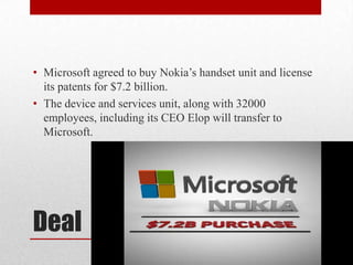 • Microsoft agreed to buy Nokia’s handset unit and license
its patents for $7.2 billion.
• The device and services unit, along with 32000
employees, including its CEO Elop will transfer to
Microsoft.

Deal

 