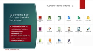 Le domaine 3 du 
C2i : produire des 
documents 
Structurer et mettre en forme (1) 
Canopé - académie de Rouen 
 