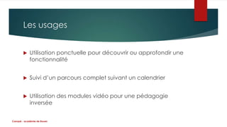 Les usages 
 Utilisation ponctuelle pour découvrir ou approfondir une 
fonctionnalité 
 Suivi d’un parcours complet suivant un calendrier 
 Utilisation des modules vidéo pour une pédagogie 
inversée 
Canopé - académie de Rouen 
 