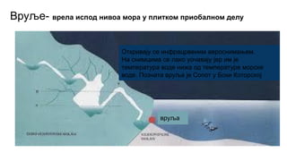 Вруље- врела испод нивоа мора у плитком приобалном делу
вруља
Откривају се инфрацрвеним аероснимањем.
На снимцима се лако уочавају јер им је
температура воде нижа од температуре морске
воде. Позната вруља је Сопот у Боки Которској
 