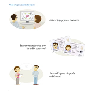 Vodič za kupce u elektronskoj trgovini 
4 
Kako se kupuje putem Interneta? 
Šta sadrži ugovor o kupovini 
na Internetu? 
Šta internet prodavnice rade 
sa vašim podacima? 
 