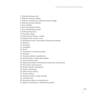 Unutrašnji mehanizmi pristupanja Srbije Evropskoj uniji
105
1. Slobodno kretanje roba
2. Slobodno kretanje radnika
3. Poslovno nastanjivanje i slobodu pružanja usluga
4. Slobodno kretanje kapitala
5. Javne nabavke
6. Pravo privrednih društava
7. Pravo intelektualne svojine
8. Zaštita konkurencije
9. Finansijske usluge
10. Informaciono društvo i mediji
11 Poljoprivreda i ruralni razvoj
12. Bezbednost hrane, veterinarska i fitosanitarna pitanja
13. Ribarstvo
14. Transport
15. Energetika
16. Porezi
17. Ekonomska i monetarna pitanja
18. Statistika
19. Socijalna politika i zapošljavanje
20. Preduzetništvo i industrijska politika
21. Transevropske mreže
22. Regionalna politika i koordinacija strukturnih instrumenata
23. Pravosuđe i osnovna prava
24. Pravda, sloboda i bezbednost
25. Nauka i istraživanje
26. Obrazovanje i kultura
27. Životna sredina
28. Zaštita potrošača i zaštita zdravlja
29. Carinska unija
30. Ekonomski odnosi sa inostranstvom
31. Spoljna, bezbednosna i odbrambena politika
 