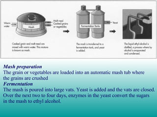 Mash preparation The grain or vegetables are loaded into an automatic mash tub where  the grains are crushed  Fermentation The mash is poured into large vats. Yeast is added and the vats are closed. Over the next two to four days, enzymes in the yeast convert the sugars  in the mash to ethyl alcohol.  