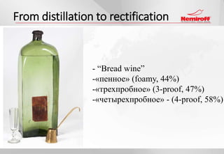 From distillation to rectification
- “Bread wine”
-«пенное» (foamy, 44%)
-«трехпробное» (3-proof, 47%)
-«четырехпробное» - (4-proof, 58%)
 