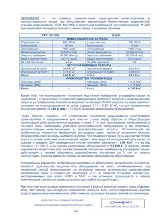 ВОДООЧИСТКА И ДЕМИНЕРАЛИЗАЦИЯ
p_fisenko@mail.ru
+421 948502960 +420 725372109
КОМПОНЕНТ КОМПЛЕКСНОЙ ПЕРЕРАБОТКИ ОТХОДОВ
9/10
ЭКОНОМИКА – на примере сравнительных характеристик инвестиционных и
эксплуатационных затрат при обустройстве классической биологической водоочистной
станции седиментации CFR 150/1000 и модульной мембранной ультрафильтрации M1200
при одинаковой производительности, можно увидеть основные различия
CFR 150/1000 M1200
ИНВЕСТИЦИОННЫЕ ЗАТРАТЫ
Строительство 882 300 € Строительство 762 000 €
Амортизация 10 лет Амортизация 10 лет
Эксплуатация 7500 ч/год Эксплуатация 7500 ч/год
Объем водоочистки 90 000 м
3
/год Объем водоочистки 90 000 м
3
/год
Энергопотребление 76 800 кВт/год Энергопотребление 56 250 кВт/год
Ввод в эксплуатацию 120-180 дней Ввод в эксплуатацию 20-30 дней
Де - бактеризация хлор Де - бактеризация UV
ЭКСПЛУАТАЦИОННЫЕ ЗАТРАТЫ
Постоянные затраты 0,69 €/ м
3
Постоянные затраты 0,52 €/ м
3
Электрика (0,12 €/кВт) 0,11 €/ м
3
Электрика (0,12 €/кВт) 0,09 €/ м
3
Итого 0,80 €/ м
3
Итого 0,61 €/ м
3
ПРОИЗВОДСТВО ПРЕСНОЙ ВОДЫ
Хознужды (20%) - Хознужды (20%) + 0,75 €/м
3
Питьевая (80%) - Питьевая (80%) + 1,15 €/м
3
Итого - Итого + 1,90 €/м
3
Кроме того, что использование технологии модульной мембранной ультрафильтрации по
сравнению с классической технологией седиментации позволяет экономить инвестиционные
затраты в строительство технологии водоочистки порядка 15-20% средств, но также приносит
экономию на эксплуатационных затратах, порядка 0,15 – 0,20 €/ м3
, что для приведенного
случая составляет 17 100 €/ год и 171 000 € за период амортизации оборудования.
Также следует понимать, что классическая технология седиментации конструктивно
проектирована и предназначена для очистки стоков перед сбросом в общегородскую
канализацию либо естественные водоемы и реки. Т. е. для производства хозяйственной и
питьевой воды необходима установка дополнительного оборудования и как следствие,
дополнительные инвестиционные и производственные затраты. Отличительной же
особенностью технологии мембранной ультрафильтрации является вложенная функция
производства пресной воды высокого качества. Что позволяет кроме функции очистки стоков
еще и получать заметный экономический эффект, ведь вода на сегодняшний день является
сырьем и товаром. Для приведенного случая экономия составляет 1,90 €/м3
, что за год
составит 171 000 €, а за период амортизации оборудования 1 710 000 €. В среднем, время
окупаемости инвестиции для рассматриваемой технологии мембранной ультрафильтрации,
работающей в режиме оборотного водоснабжения, составляет до 5 лет от начала
эксплуатации, включая время остановок на плановое обслуживание оборудования.
Оптимальным вариантом, позволяющим максимально использовать возможности технологии,
является производство водоочистного оборудования на заказ, оптимизированное под
конкретный способ использования, на основании запроса включающего характеристики
загрязненной воды и конкретные пожелания. Это не касается установок компактных,
изготавливаемых для войск НАТО и МЧС – эти установки производятся в полной
комплектации и являются универсальными (для любой исходной воды).
При опытной эксплуатации компактных установок в разных регионах земного шара (Африка,
Азия, Австралия), при наихудших показателях исходной воды (сильнозагрязненная морская
вода) определилась максимальная себестоимость производства качественной питьевой воды
 