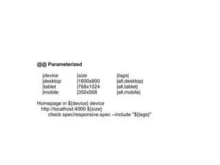 @@ Parameterized
|device |size |tags|
|desktop |1600x800 |all,desktop|
|tablet |768x1024 |all,tablet|
|mobile |350x568 |all,mobile|
Homepage in ${device} device
http://localhost:4000 ${size}
check spec/responsive.spec --include "${tags}"
 