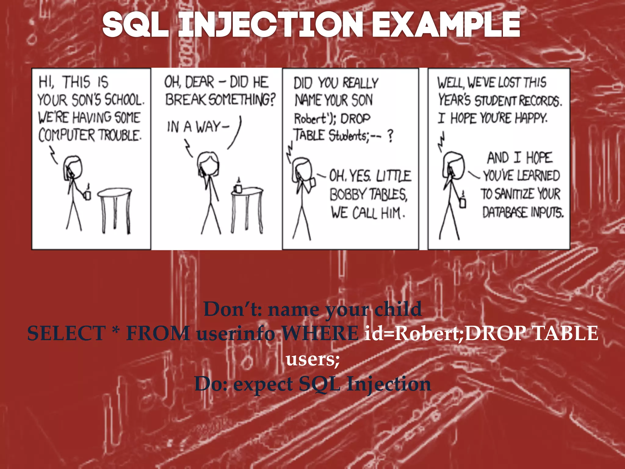 Don’t:  name  your  child	
SELECT  *  FROM  userinfo  WHERE  id=Robert;DROP  TABLE  
users;	
Do:  expect  SQL  Injection	

https://entersoft.co.in

 