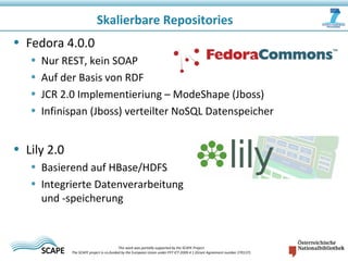 • Fedora 4.0.0
• Nur REST, kein SOAP
• Auf der Basis von RDF
• JCR 2.0 Implementieriung – ModeShape (Jboss)
• Infinispan (Jboss) verteilter NoSQL Datenspeicher
• Lily 2.0
• Basierend auf HBase/HDFS
• Integrierte Datenverarbeitung
und -speicherung
Skalierbare Repositories
This work was partially supported by the SCAPE Project.
The SCAPE project is co‐funded by the European Union under FP7 ICT‐2009.4.1 (Grant Agreement number 270137).
 