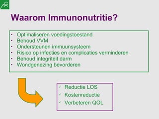 Optimaliseren voedingstoestand Behoud VVM Ondersteunen immuunsysteem Risico op infecties en complicaties verminderen  Behoud integriteit darm Wondgenezing bevorderen Reductie LOS Kostenreductie Verbeteren QOL Waarom Immunonutritie? 
