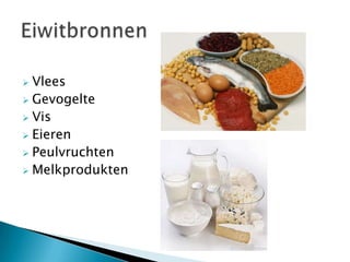  Vlees
 Gevogelte
 Vis
 Eieren
 Peulvruchten
 Melkprodukten
 