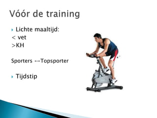 Lichte maaltijd:
< vet
>KH

Sporters ↔Topsporter

   Tijdstip
 