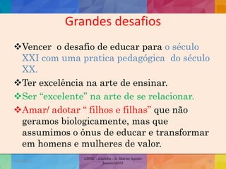 Grandes desafios
Vencer o desafio de educar para o século
XXI com uma pratica pedagógica do século
XX.
Ter excelência na arte de ensinar.
Ser “excelente” na arte de se relacionar.
Amar/ adotar “ filhos e filhas” que não
geramos biologicamente, mas que
assumimos o ônus de educar e transformar
em homens e mulheres de valor.
19/02/2015
CNSSC - Curitiba - Ir. Marisa Aquino
Janeiro/2015
45
 