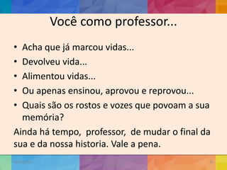 Você como professor...
• Acha que já marcou vidas...
• Devolveu vida...
• Alimentou vidas...
• Ou apenas ensinou, aprovou e reprovou...
• Quais são os rostos e vozes que povoam a sua
memória?
Ainda há tempo, professor, de mudar o final da
sua e da nossa historia. Vale a pena.
19/02/2015
CNSSC - Curitiba - Ir. Marisa Aquino
Janeiro/2015
55
 