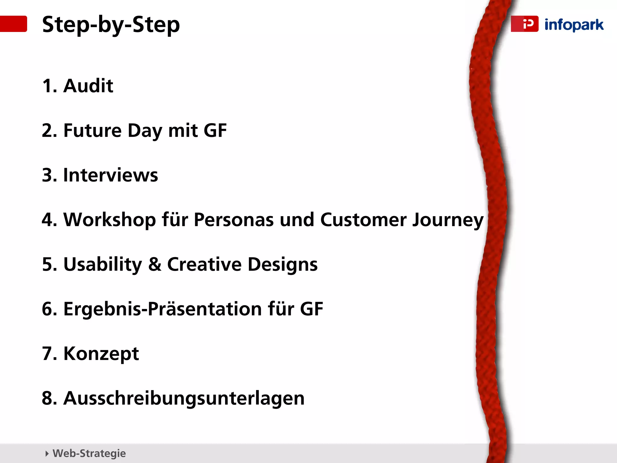 Step-by-Step

1. Audit

2. Future Day mit GF

3. Interviews

4. Workshop für Personas und Customer Journey

5. Usability & Creative Designs

6. Ergebnis-Präsentation für GF

7. Konzept

8. Ausschreibungsunterlagen

▸ Web-Strategie
 
