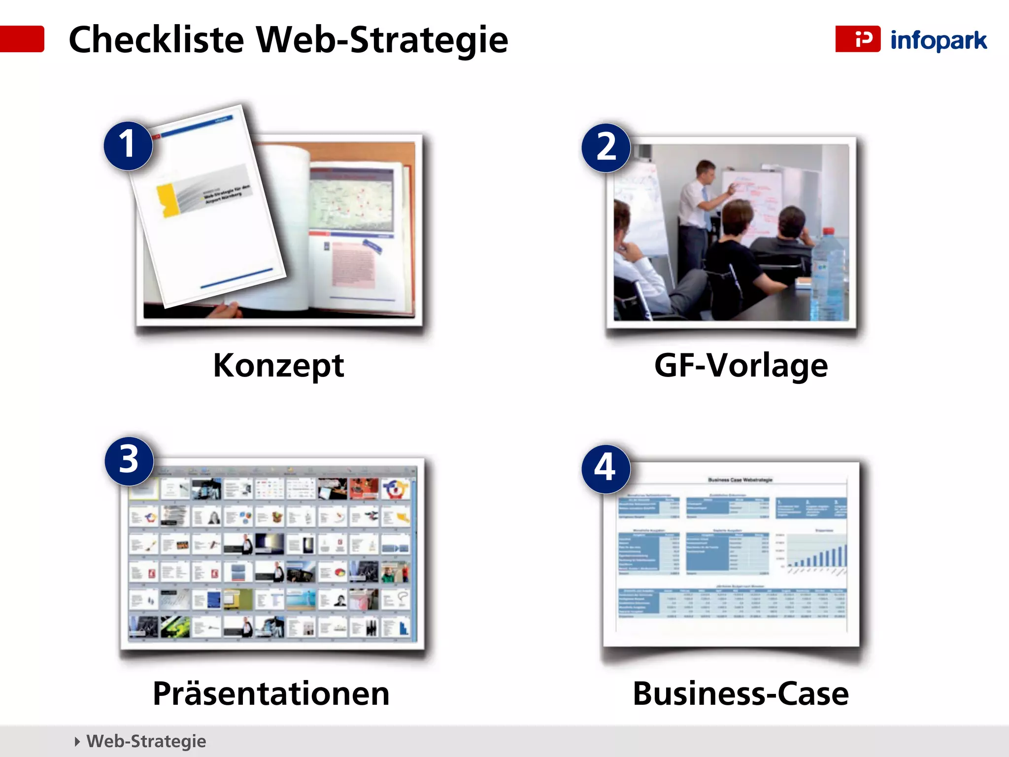 Checkliste Web-Strategie

    1                       2




                  Konzept        GF-Vorlage

     3                      4




         Präsentationen         Business-Case
▸ Web-Strategie
 