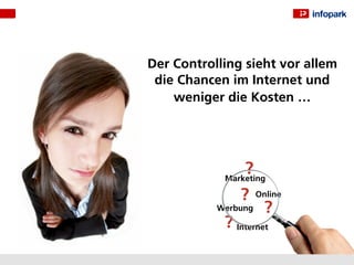Der Controlling sieht vor allem
 die Chancen im Internet und
    weniger die Kosten …




                ?
            Marketing

               ?     Online
           Werbung    ?
            ? Internet
 