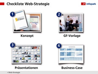 Checkliste Web-Strategie

    1                       2




                  Konzept        GF-Vorlage

     3                      4




         Präsentationen         Business-Case
▸ Web-Strategie
 