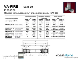 Пример использования, 1-створчатая дверь (EIW 60)
                         Основные размеры   Наружные размеры   Проем прохода
     Противопожарная            мм              рамы, мм            мм

     конструкция EI 60




voestalpine Krems GmbH
9    |           |
 