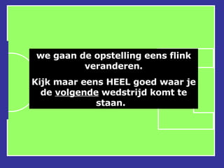 we gaan de opstelling eens flink veranderen. Kijk maar eens HEEL goed waar je de  volgende  wedstrijd komt te staan.  