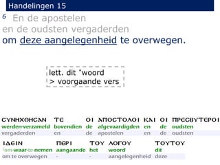 Handelingen 15
6 En de apostelen
en de oudsten vergaderden
om deze aangelegenheid te overwegen.
lett. dit *woord
> voorgaande vers
 