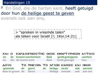 Handelingen 15
8 En God, die de harten kent, heeft getuigd
door hun de heilige geest te geven
evenals ook aan ons,
> "spreken in vreemde talen"
als teken voor Israël (!; 1Kor.14:21)
 