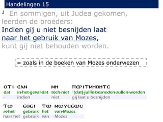 Handelingen 15
1 En sommigen, uit Judea gekomen,
leerden de broeders:
Indien gij u niet besnijden laat
naar het gebruik van Mozes,
kunt gij niet behouden worden.
= zoals in de boeken van Mozes onderwezen
 