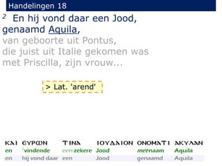 Handelingen 18
2 En hij vond daar een Jood,
genaamd Aquila,
van geboorte uit Pontus,
die juist uit Italie gekomen was
met Priscilla, zijn vrouw...
> Lat. 'arend'
 