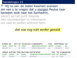 20 Hij nu zei: de Joden kwamen overeen
om van u te vragen dat u morgen Paulus naar
beneden leidt naar het Sanhedrin,
als(of) op het punt staande
iets nauwkeuriger te informeren
om vast te stellen omtrent hem.
Handelingen 23
dat was nog niet eerder gemeld
 