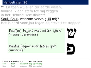 14 En toen wij allen ter aarde vielen,
hoorde ik een stem tot mij zeggen
in het Hebreeuwse dialect:
Saul, Saul, waarom vervolg jij mij?
Het is hard voor jou tegen de stekels te trappen.
Handelingen 26
Saul(us) begint met letter 'sjien'
(= kies, vermaler)
Paulus begint met letter 'pé'
(=mond)
 