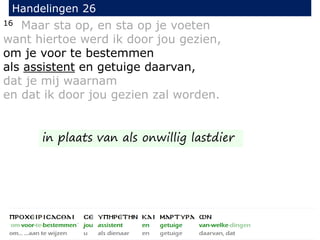 16 Maar sta op, en sta op je voeten
want hiertoe werd ik door jou gezien,
om je voor te bestemmen
als assistent en getuige daarvan,
dat je mij waarnam
en dat ik door jou gezien zal worden.
Handelingen 26
in plaats van als onwillig lastdier
 