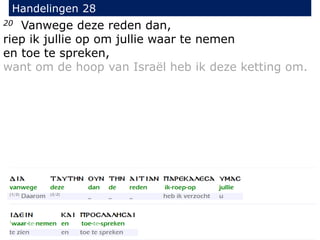 20 Vanwege deze reden dan,
riep ik jullie op om jullie waar te nemen
en toe te spreken,
want om de hoop van Israël heb ik deze ketting om.
Handelingen 28
 