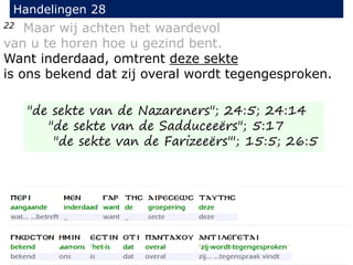 22 Maar wij achten het waardevol
van u te horen hoe u gezind bent.
Want inderdaad, omtrent deze sekte
is ons bekend dat zij overal wordt tegengesproken.
Handelingen 28
"de sekte van de Nazareners"; 24:5; 24:14
"de sekte van de Sadduceeërs"; 5:17
"de sekte van de Farizeeërs"'; 15:5; 26:5
 